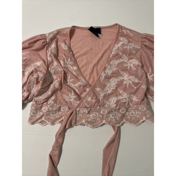 Liv Los Angeles Medium Tie Top Puff Sleeve M Pink Crop Top - Picture 2 of 10